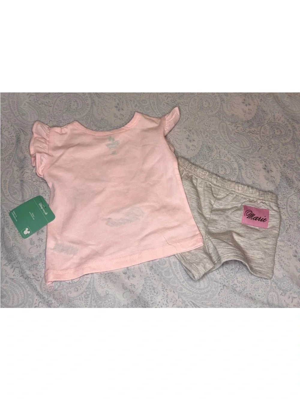 Disney The Aristocats Marie Bonjour Short Sleeve Pink Ruffle Top with Gray Short
